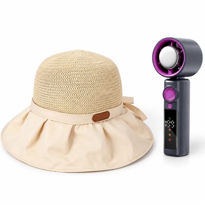 VHV - Zonnehoed en Ventilator Set - dames beige opvouwbare strohoed met brede rand en strik - Aparte handventilator - Voor strand, reizen, tuin