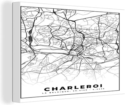Canvas Schilderij Plattegrond – Charleroi – Zwart Wit – Stadskaart - Kaart - België - 30x20 cm - Wanddecoratie