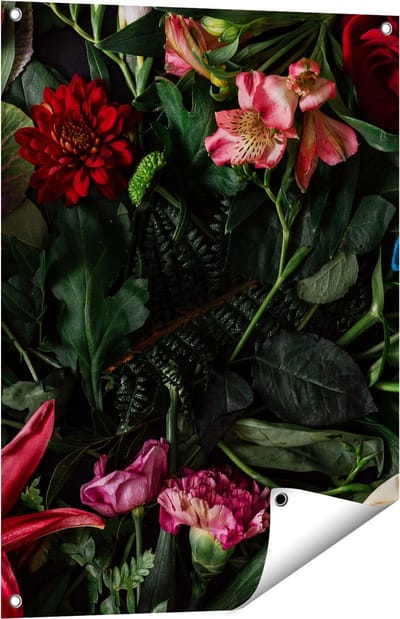 Gards Tuinposter Kleurrijke Bloemen met Groene Bladeren - 60x80 cm - Tuindoek - Tuindecoratie - Wanddecoratie buiten - Tuinschilderij