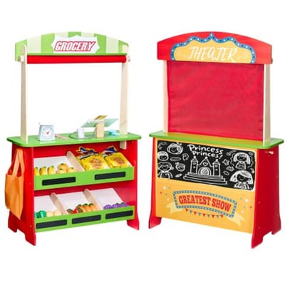VEVOR 2-in-1 houten poppentheater speelset met gordijnen, kruidenierswinkel, dubbelzijdig houten spel met schoolbord en kassa, marktkraam voor rollenspel voor kinderen vanaf 3 jaar