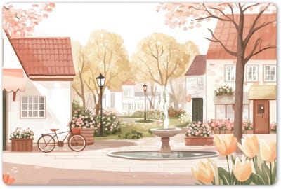 Placemats 45x30 cm - Placemat kunststof - 1 stuk - Dorpsplein - Fontein - Tulpen - Borden onderleggers - Decoratie voor op tafel - Keuken tafeldecoratie accessoires - Vinyl onderlegger - Tafelversiering