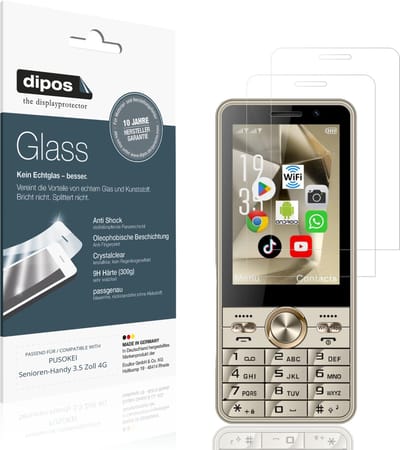 dipos – 2x Pantserfolie geschikt voor PUSOKEI Senioren-Handy 3.5 Zoll 4G | 9H Screenprotector