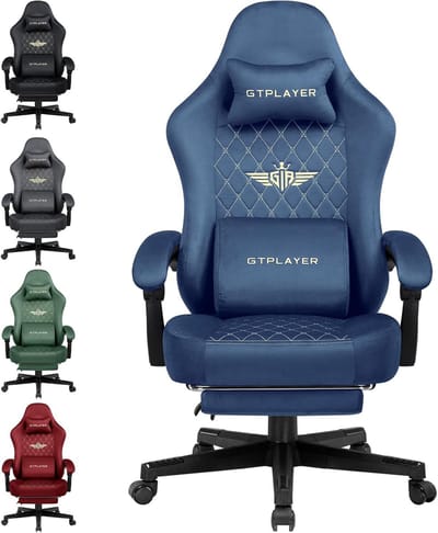 GTPLAYER - Gaming Stoel Stof - 150 kg met Verenzitkussen en Voetensteun - Blauw