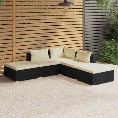 vidaXL - 5-delige - Loungeset - met - kussens - poly - rattan - zwart