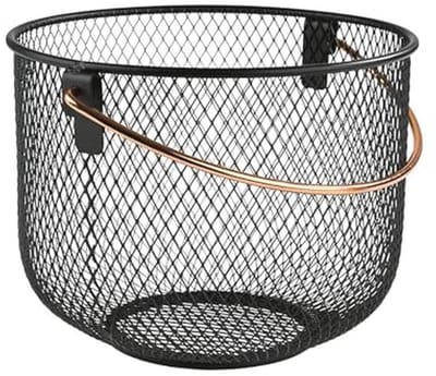 Stijlvolle Zwarte Brood- en Fruitmand met Koperlook Handvat - Ø 21 cm, 16,5 cm Hoogte
