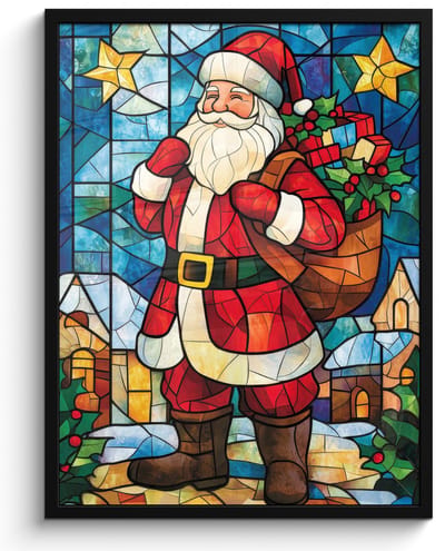 Poster in lijst - Fotolijst 60x80 cm - Posters - Kerstman - Glas - Kleurrijk - Posterlijst zwart - Decoratie - Wanddecoratie woonkamer - Muurdecoratie slaapkamer - Kerstversiering - Kerstdecoratie voor binnen - Kerstmis