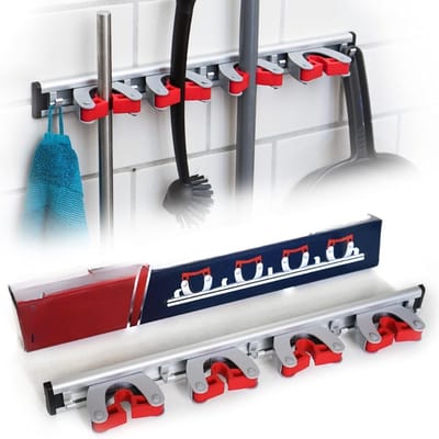 Famanu – Bezemhouder wandmontage – 4 houders en 5 haken, bijkeuken-opbergoplossing voor stelen en accessoires