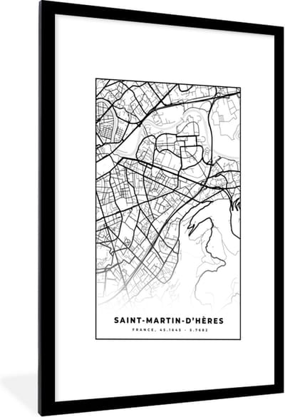 Fotolijst incl. Poster Zwart Wit- Stadskaart – Plattegrond – Kaart – Saint-Martin-d'Hères - Frankrijk - Zwart wit - 60x90 cm - Posterlijst