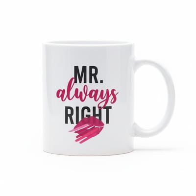 “Mr. Always Right” Mok 330 ml – Grappige Romantische Beker met Lippenafdruk – Perfect Cadeau voor Man, Vriend & Koppels