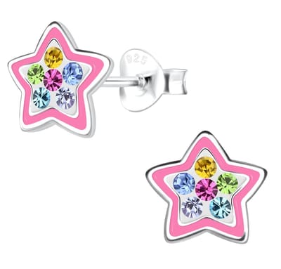 Joy|S - Zilveren ster oorbellen - 8 mm - roze met multicolor kristal - kinderoorbellen