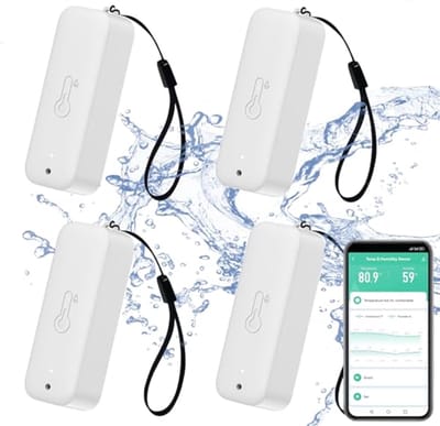 Slimme hygrometer en thermometer met waterdichte sensor, app-alarm, zelfmagnetisch en Alexa-compatibel, 4 stuks