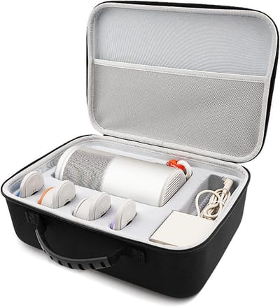 Zwarte hardshell opbergkoffer speciaal geschikt voor GIMI PLAY 6 projector, afmetingen 33x24x11,5 cm, schokbestendige EVA binnenvulling met opbergvakken voor accessoires en draaghandvat
