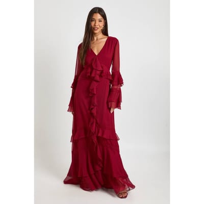 boohoo Dames Chiffon Ruches Kant Trim Detail Maxi Jurk | Merlot | Maat: 36