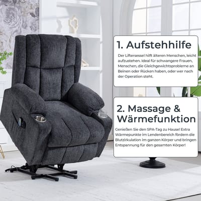 YYchan elektrische relaxstoel met sta-op hulp - massage en warmte - donkergrijs - 91x84x106 cm