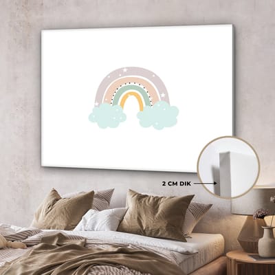 Schilderij voor kinderen - Kinderkamer decoratie - Regenboog - Sterren - Stippen - Kinderen - Canvasdoek kinderen - Muurdecoratie - 160x120 cm