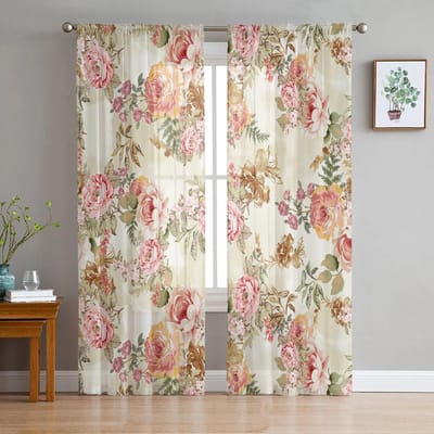 Vintage Bloemen Abstracte Overlay Bladeren Slaapkamer Transparante Dunne Gordijnen Vakantiedecoratie Raam Voile Tule Gordijn 135W x 114H(cm) white