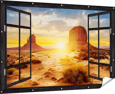 Gards Tuinposter Doorkijk Zonsondergang in Woestijn Monument Valley - 180x120 cm - Tuindoek - Tuindecoratie - Wanddecoratie buiten - Tuinschilderij
