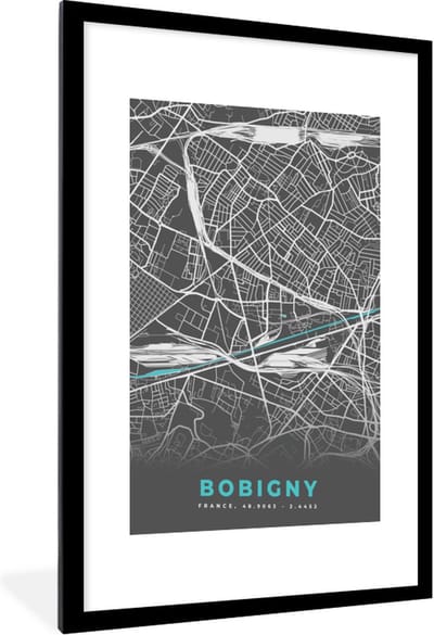 Fotolijst incl. Poster - Kaart – Stadskaart – Frankrijk - Bobigny - Plattegrond - 60x90 cm - Posterlijst