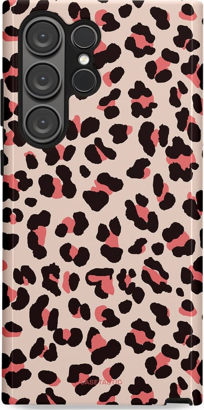 Casetastic hoesje geschikt voor Samsung Galaxy S23 Ultra - Dubbellaagse bescherming - Tropische Panter - Fashion Case - Zand Zwart Koraal