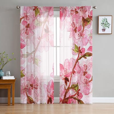 Aquarel Sakura Moderne Tule Gordijnen Voor Woonkamer Slaapkamer Thuis Keuken Raam Transparante Gordijnen 135W x 114H(cm) white
