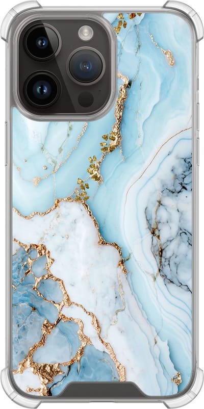 Shockproof hoesje - Geschikt voor iPhone 14 Pro Max - Marmer babyblauw - Extra sterke case - TPU/polycarbonaat - Marmer - Blauw, Transparant