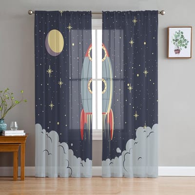 Ruimte Ruimteschip Raket Transparante Gordijnen voor Woonkamerdecoratie Raamgordijnen voor Keuken Tule Voile Organza Gordijnen W135 x H137cm x1