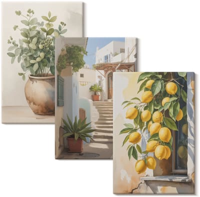Wallfluent Set van canvas schilderijen - Potplanten en citroenen tegen de achtergrond van een straat Canvas Schilderijen Set - set 3 stuks 20x30 cm - Geel Set van Canvas Prints - Natuur Canvas Kunst Set - Boheemse Canvas Kunst Set