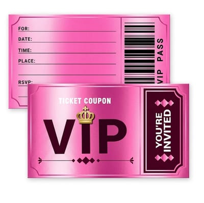 Roze zwart uitnodigingen kaarten VIP ticket stijl - dubbelzijdige uitnodigingen set 12 stuks voor verjaardag en themafeest - film thema kaarten met invulvelden en enveloppen party uitnodiging