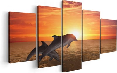 Artaza Canvas Schilderij Vijfluik Twee Dolfijnen bij de Zonsondergang - 100x50 - Foto Op Canvas - Canvas Print
