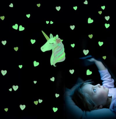 Muursticker Glow in the dark Unicorn Links kijkend | Hartjes | Stickers zelfklevend |kinderkamer decoratie| slaapkamer |Meisje | Jongen | Huis inrichting | Stickerkamer®