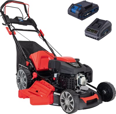 Scheppach Grasmaaier Benzine met hybride start M225-56E - Zelfrijdend - Mulchfunctie - 56cm maaibreedte - Maaihoogte in 7 stappen verstelbaar: 25-75mm - 4-takt - 224cc - 6pk - Voor tuinen tot 2200m² - met 65L opvangbak