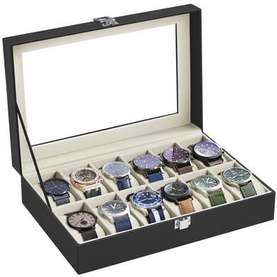 SONGMICS - Horloge Doos - Met 12 Vakken - Glazen Deksel - Uitneembare Kussens - Metalen Sluiting