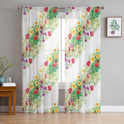 Kleurrijke Tuinbloemen Op Witte Achtergrond Tule Gordijnen Voor Woonkamer Slaapkamer Kerst Chiffon Transparant Voile Keukengordijn 135W x 114H(cm) white