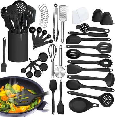 OKWISH Keukengerei-Sets – Complete Keukenset Met Anti-Aanbak Silicone Keukengerei, Ergonomisch Ontwerp Met Ophanghaakjes Voor Praktisch Gebruik – Zwart – Silicium