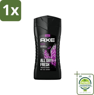 1 x AXE - 3-in-1 Douchegel - Excite - Lichaam, Gezicht & Haar - Verleidelijke Geur - 250 ml - 3-in-1 Douchegel - Mannelijke Geur - Kokosnoot Geur - Zwarte Peper Geur - Langdurige Frisheid