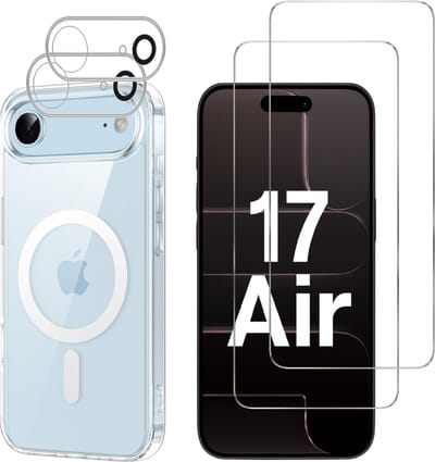 iPhone 17 Air Hoesje backcover Shockproof siliconen Transparant met geïntegreerde magnetische cirkel + 2 gehard glazen screenprotectors + 2 Camera Protector van glas