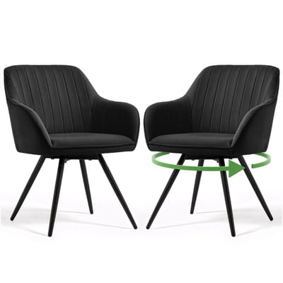 Set van 2 Draaistoelen TURNO met Armleuningen / Eetkamerstoelen / Gestoffeerde Stoelen / Fluwelen Stoelen en Metalen Poten / Zwart met zwarte benen