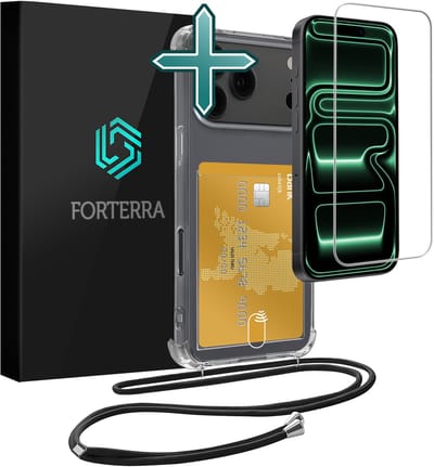 Hoesje Geschikt voor iPhone 17 Pro Pashouder Case Siliconen Hoes Met Koord Met Screenprotector - Hoes Geschikt voor iPhone 17 Pro Met Telefoonkoord Hoesje Back Cover Met Pasjeshouder - Transparant