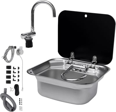 Allero Wasbak - Wastafel - Wastafel Caravan - Camper - Boot - Camping Spoelbak - Roestvrijstaal - Met Deksel - Incl. Kraan