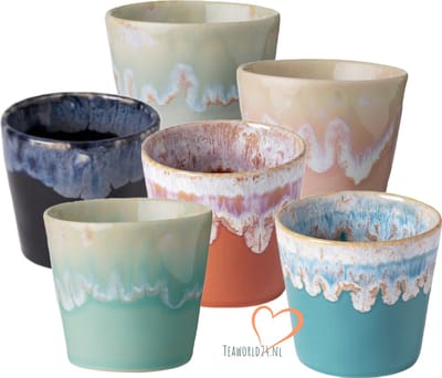 Costa Nova - Grespresso servies - 6 Espresso kopjes - Roze-Grijs-Azur-Red-Wit -Turquoise - aardewerk - H 5.9 cm