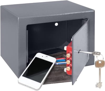 RUX® Kluis Brandwerend voor Geld - Kluis Brandwerend met Sleutel – Geldkluis – Kluis met Sleutel - Kluis Brandwerend en Inbraakwerend – Prive Kluis – Dubbele Boutvergrendeling – Grijs - 17cm x 23cm x 17cm