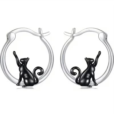 Katten Oorbellen Dames – Zwarte Kat Oorbellen –Zilverkleurig & Zwart