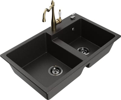 Mexen Tomas granieten spoelbak met 2 compartimenten en keukenmengkraan Carla, zwart/gouden metallic - 6516-75-670700-50-B