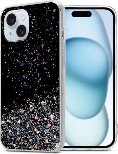Cadorabo Hoesje geschikt voor Apple iPhone 15 in Zwart met Glitter - Beschermhoes van flexibel TPU silicone met fonkelende glitters Case Cover Etui