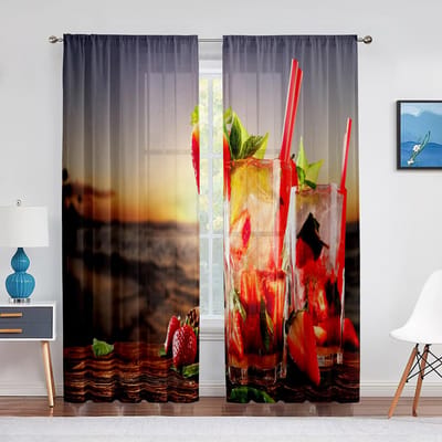 Cocktail Tropical Coco Gros Plan Plage Rideau Transparent Salon Tulle Imprimé Rideau Fenêtre Décoration Luxe Maison Balcon Rideaux 1 PCS W100XH250cm&Grommet Top