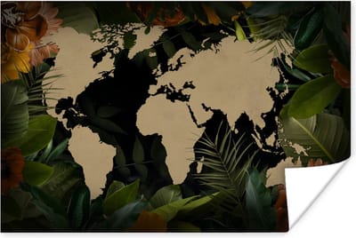 Poster 30x20 cm - Wereldkaart - Planten - Bladeren - Posters - Kamer decoratie - Wanddecoratie woonkamer - Muurdecoratie slaapkamer