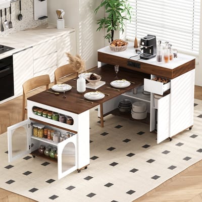 Keukeneiland op wielen - uitschuifbare eettafel met stopcontactstrook en geëtst glas - dressoir met laden - wit en walnotekleur