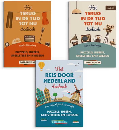 Terug in de Tijd tot Nu deel 1 + deel 2 + Reis door Nederland - voor senioren - puzzelen, kwissen, spelletjes - terug naar vroeger, nostalgie - voordeeltrio, brievenbus cadeau