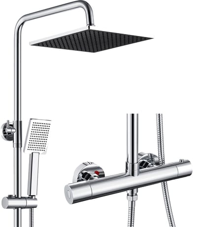 Auralum Regendouche met Thermostaatkraan - Doucheset - 25CM Vierkante Hoofddouche - Thermostatische Mengkraan - Verstelbare Hoogte 88-124 cm - Waterbesparend - Douchesysteem - Chroom