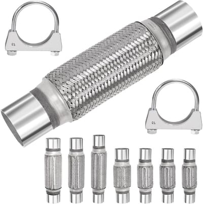 3-delige 2.25 x 8 inch flexibele uitlaatbuis met 2.2 inch U-klem set, universele roestvrijstalen dubbelgevlochten uitlaatbuis, ideaal voor zware voertuigen en auto's, hoge duurzaamheid en prestatie